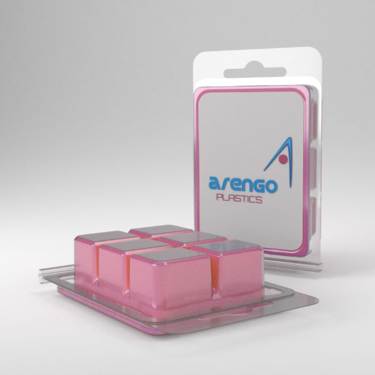 Wax_Melt_Packaging_Clamshell_Logo_Pink_Wax Image of Wax Melt Packaging Clamshell with Logo and Pink Wax
